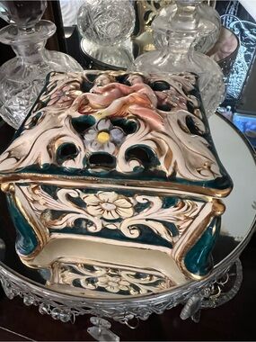 DG made in Italy Ornate Cherubs Teal and White Decorative Ceramic Container